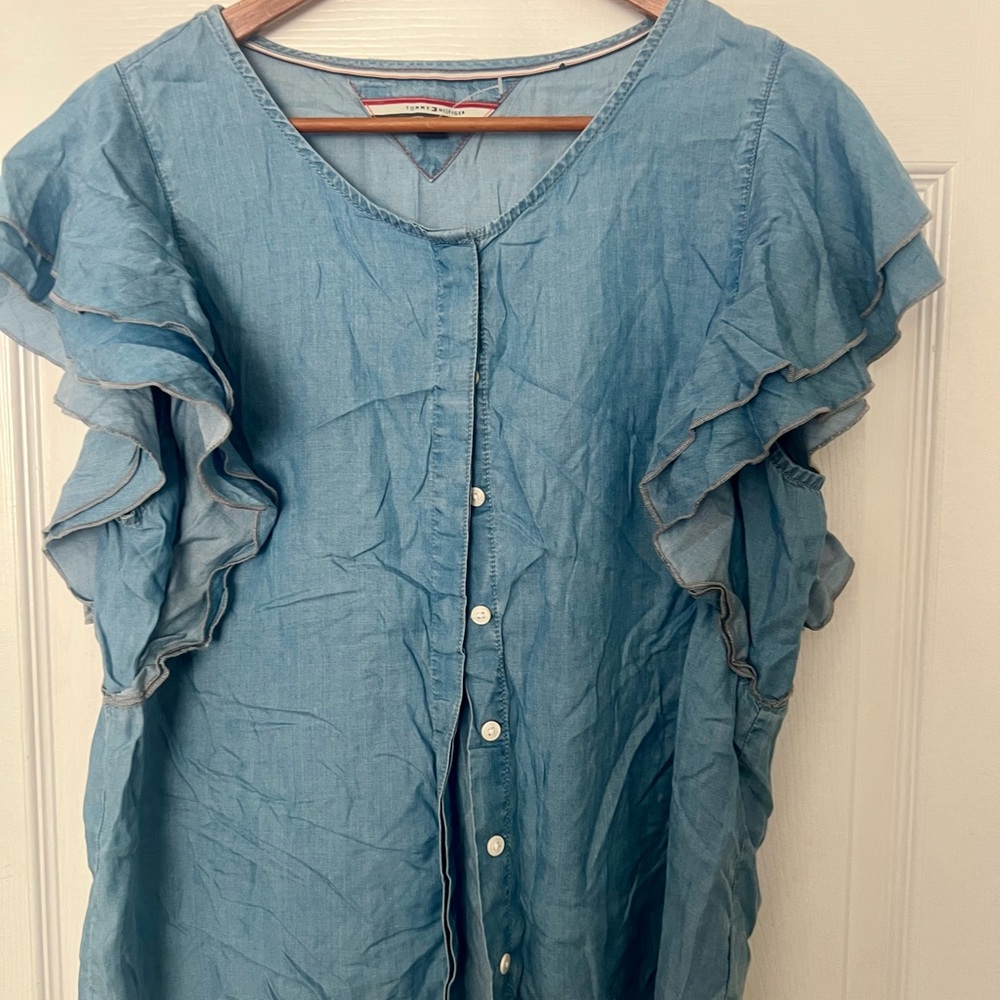 Tommy Hilfiger Light Blue Ruffle Sleeve Blouse